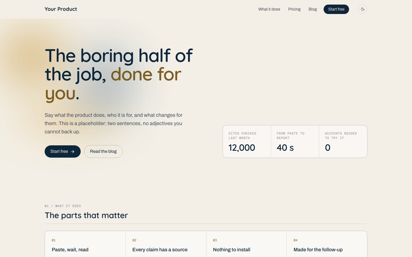 The landing and blog template's home page: a large printed headline with a gold phrase over a soft gradient cloud, two buttons, and a strip of three numbers.