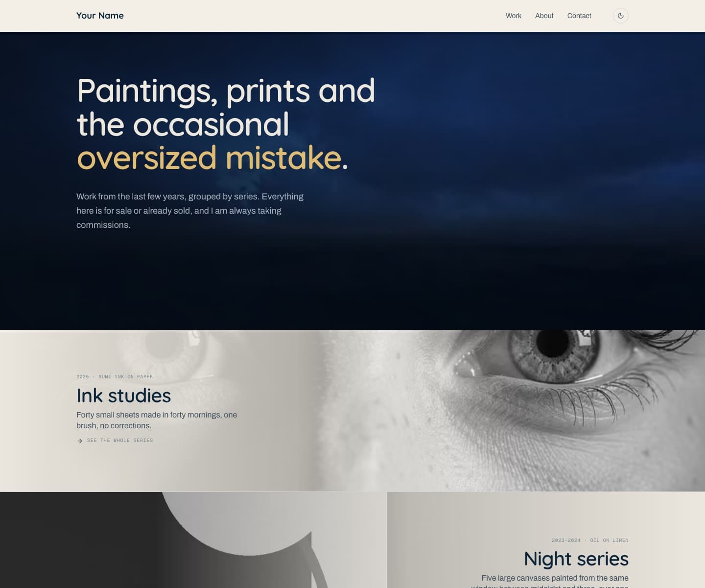 The maker portfolio template's home page: a large statement with a gold phrase over dark night-sky footage, with the first thin series band below.